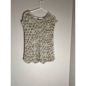 Eileen Fisher Women's Size L Taupe Crochet Open Knit Short Sleeve Sweater